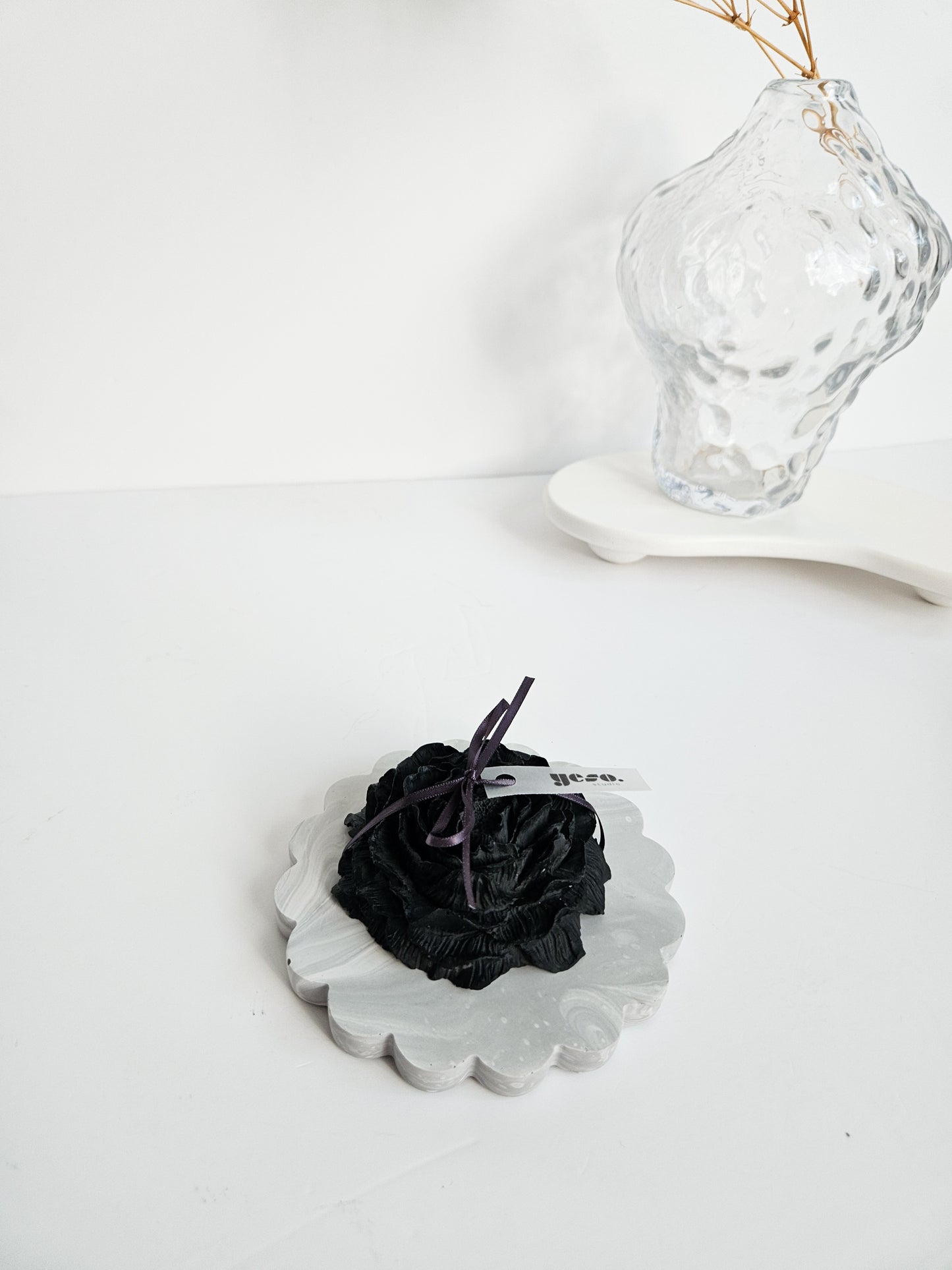 Charcoal Peony Diffuser with Scalloped Coaster in Grey Marble Effect
