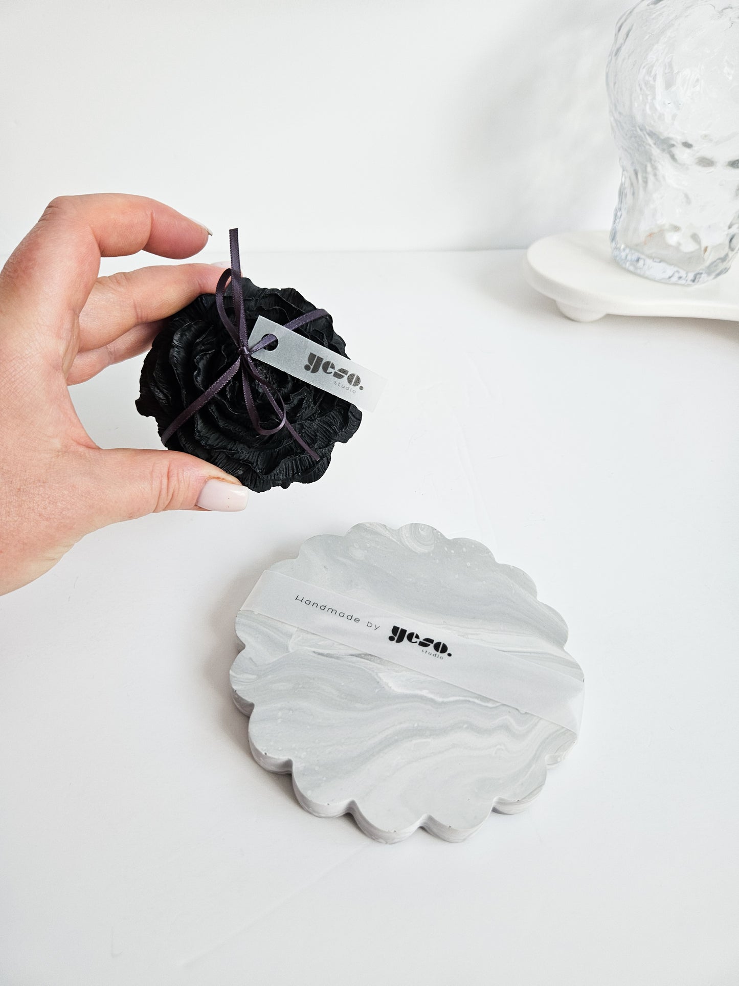 Charcoal Peony Diffuser with Scalloped Coaster in Grey Marble Effect