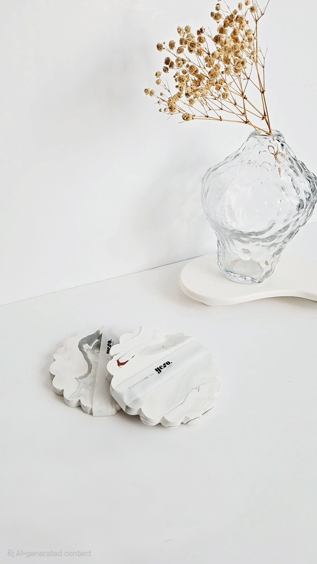 Set of 2 Round Scalloped Coasters - Marble Effect - White with Grey & Hint of Red