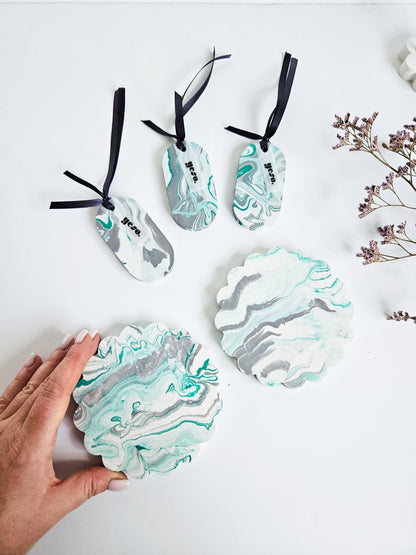 Bold Grey & Green Marble – Set of 3 Oval Aroma Stone Tag Diffusers