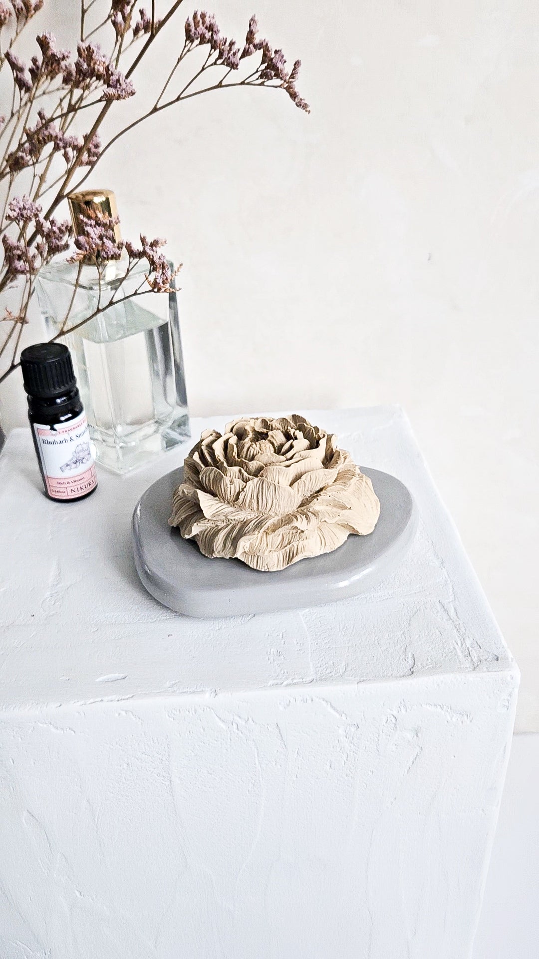 Peony stone flower diffuser with pebble dish sculptural home fragrance