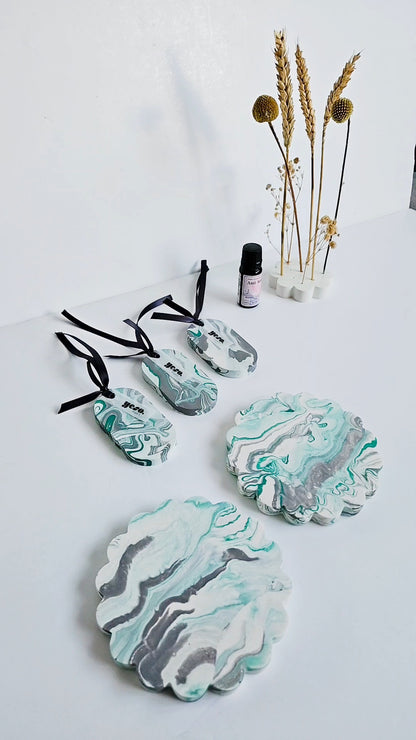 Bold Grey & Green Marble – Set of 3 Oval Aroma Stone Tag Diffusers